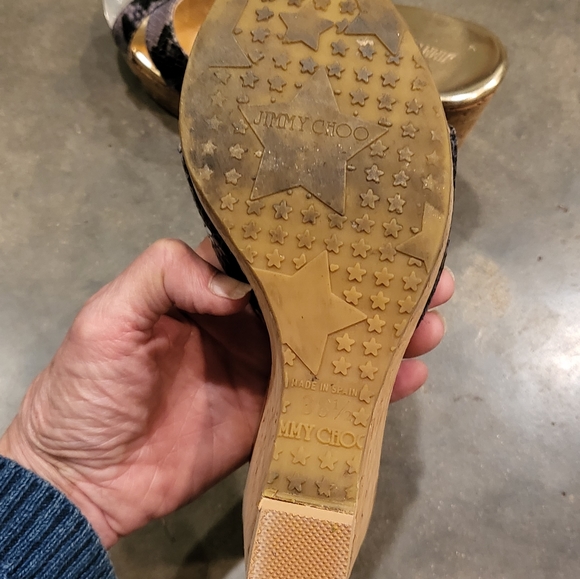 Jimmy Choo wedge cork heels gray snakeskin 38 1/2 7-7.5 sandals - Picture 13 of 16